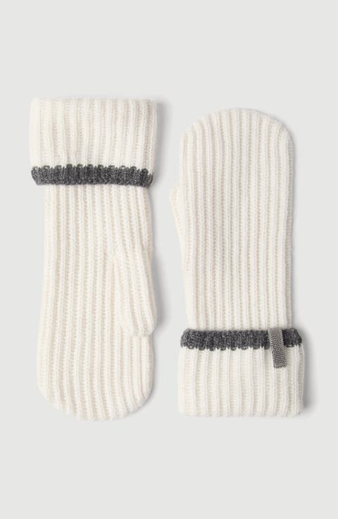 Cashmere English rib knit mittens with monili