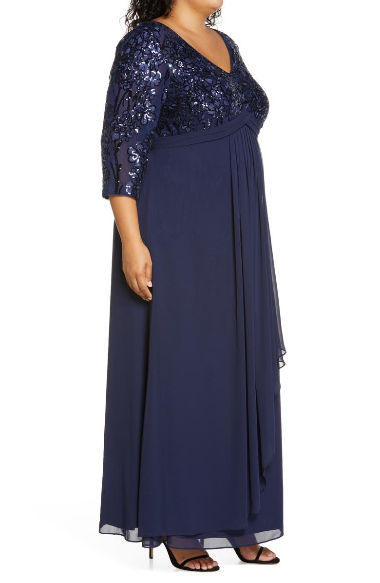Alex Evenings Sequin Bodice Gown, Alternate, color, Navy