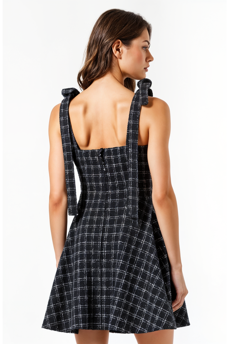 Plaid Mini Dress with Tie-Strap Shoulders and Square Neckline, Alternate, color, Black / White Plaid