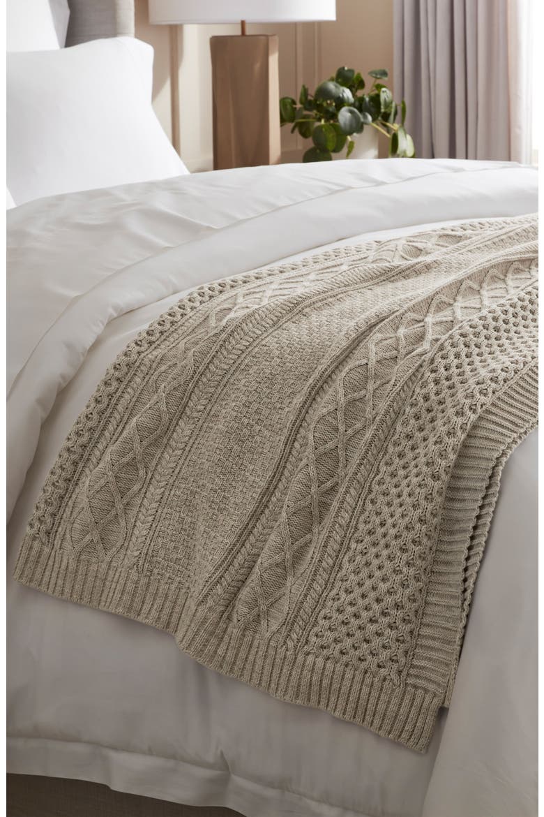 Aran Cable Organic Cotton Throw Blanket, Alternate, color, HEATHERED OATMEAL