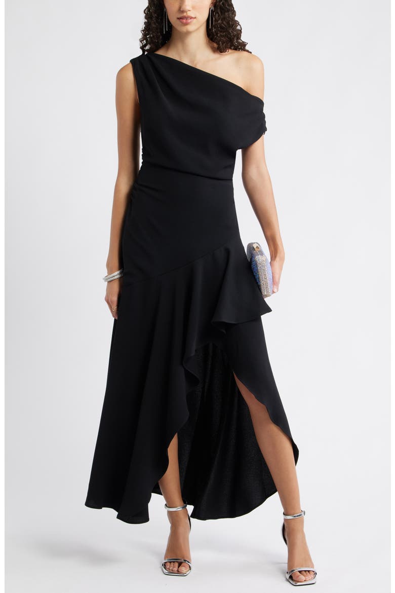 Cascading Ruffle Crepe One-Shoulder Gown, Main, color, BLACK