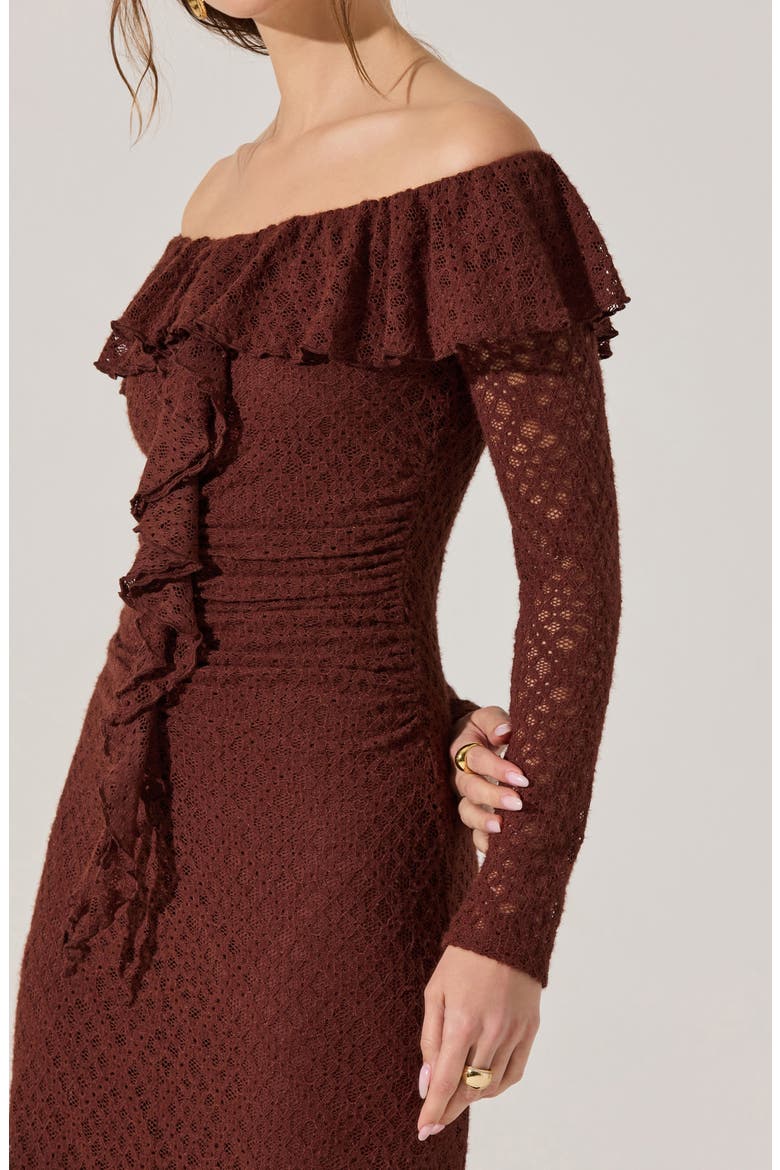 Dorian Lace Long Sleeve Off the Shoulder Maxi Dress, Alternate, color, BROWN