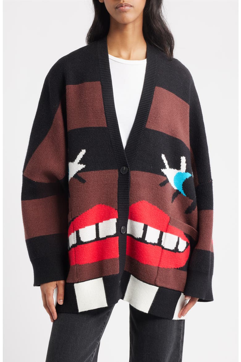 Here's to the Weirdos Oversize Cardigan, Main, color, BROWN/ BLACK