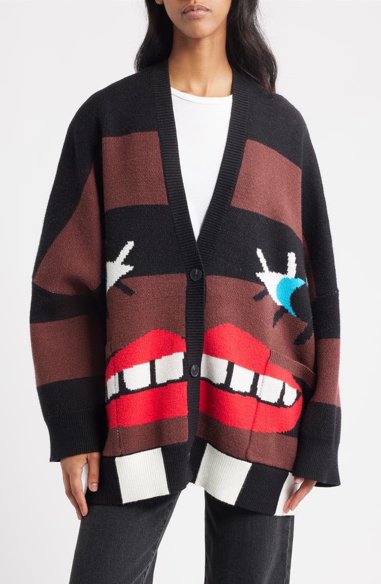 Dressed in Lala Here's to the Weirdos Oversize Cardigan, Main, color, Brown/ Black