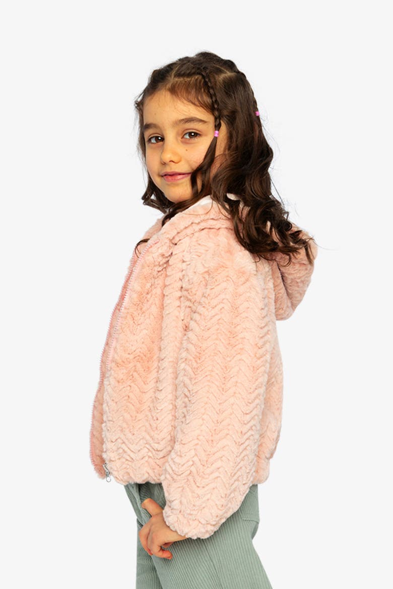 Faux Fur Hooded Chevron Texture Zip Cardigan, Alternate, color, Pink