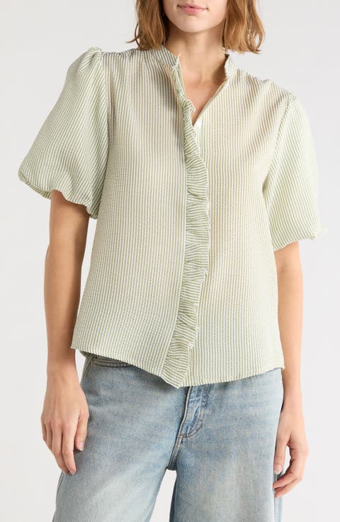 Striped Ruffle Bubble Sleeve Shirt
