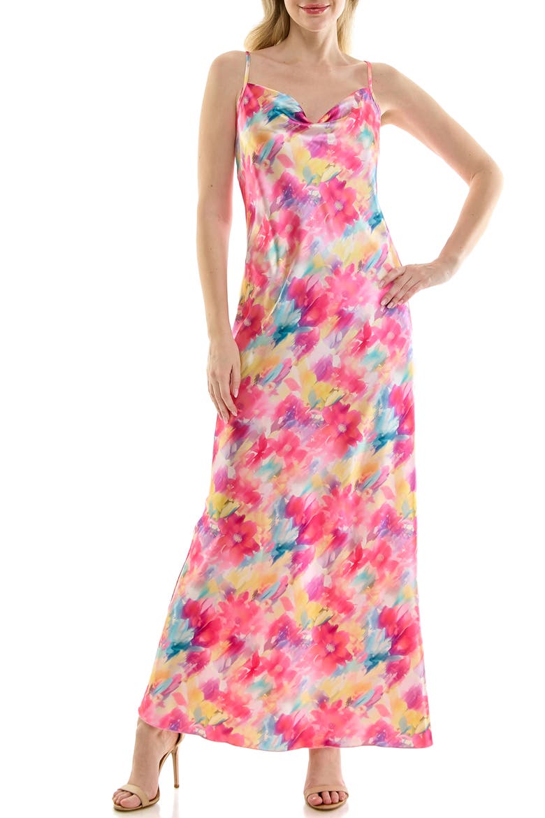 Bias Cut Satin Maxi Dress, Main, color, TEAL MULTI