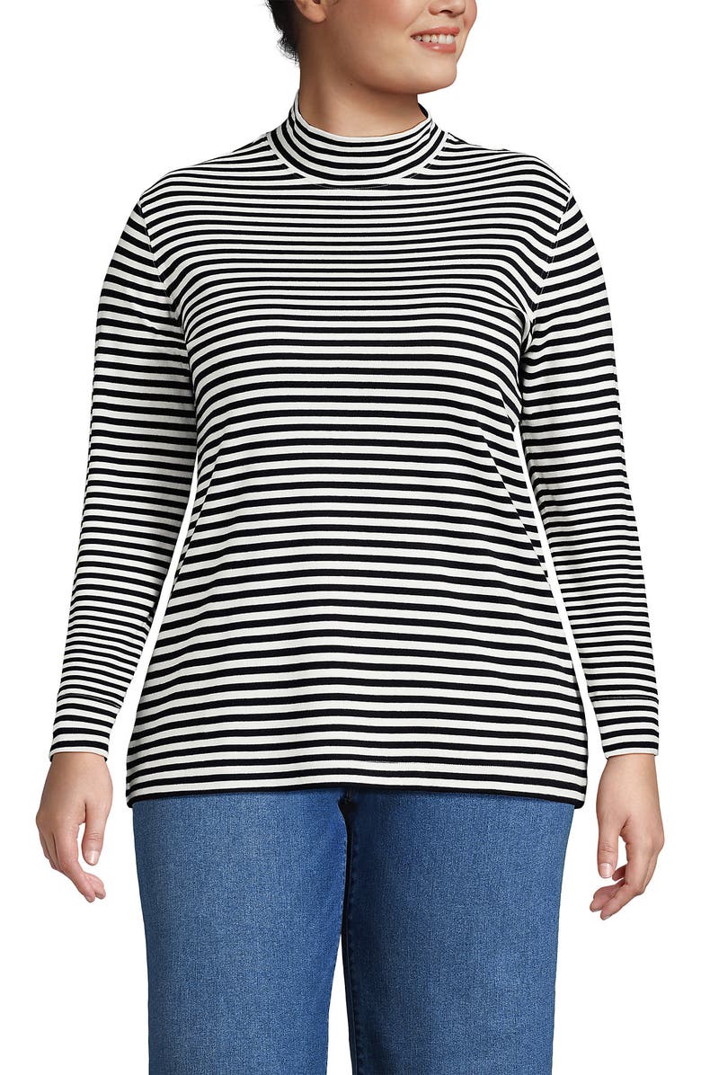 Lands' End Relaxed Cotton Long Sleeve Mock Turtleneck, Main, color, Black Even Stripe