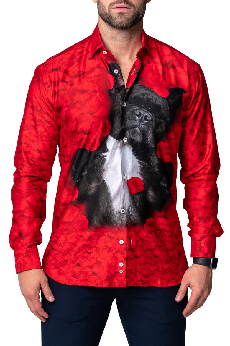 Fibonacci Valentine's Dog Contemporary Fit Button-Up Shirt, Main, color, RED