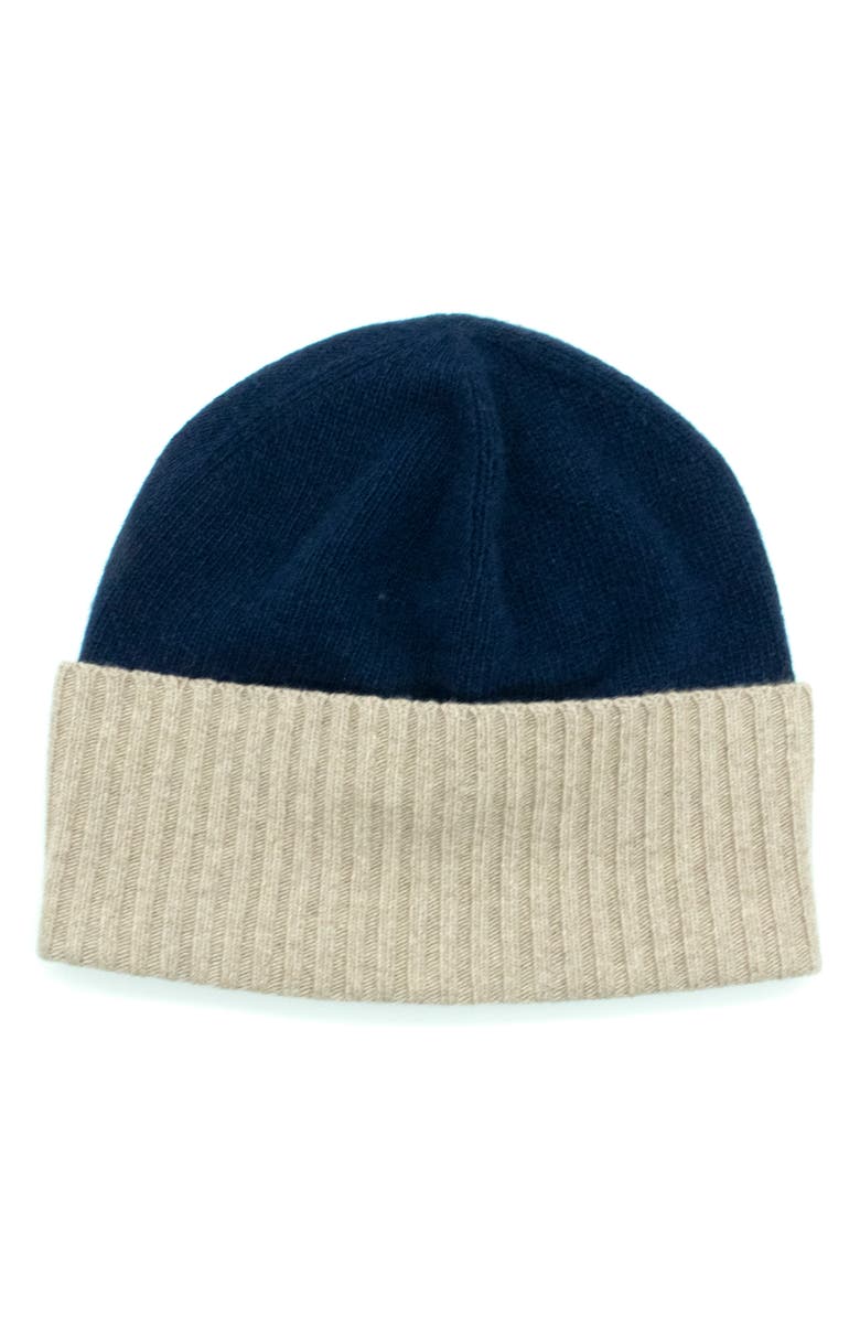 Portolano Contrast Rib Cuff Cashmere Beanie, Main, color, Classic Navy/ Nile Brown