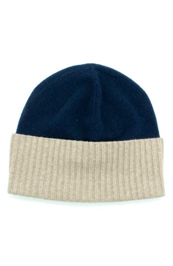 Portolano Contrast Rib Cuff Cashmere Beanie In Blue