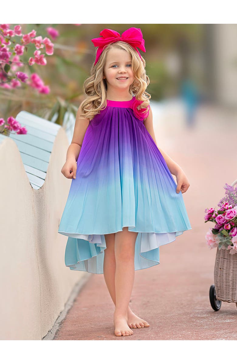 Mia Belle Girls Girls Ocean Sunset Ombre Pleated Hi-Lo Dress, Alternate, color, Fuchsia