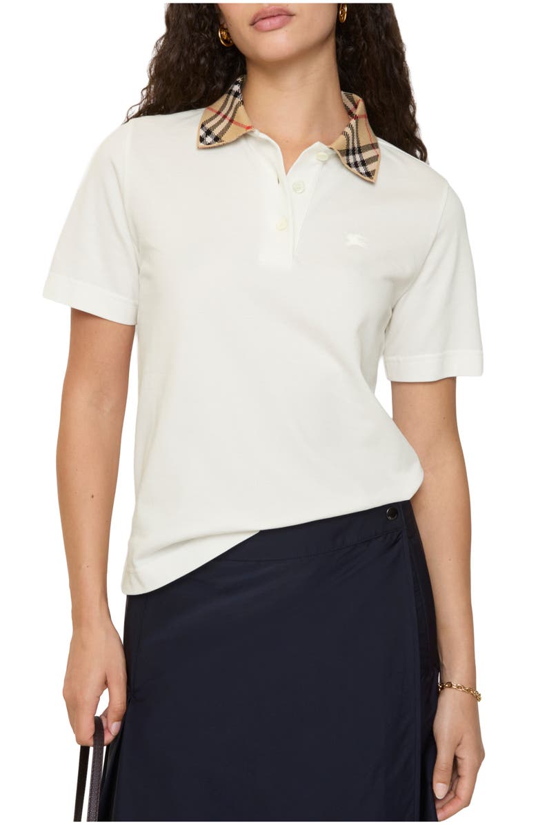 Burberry Check Collar Cotton Polo Shirt, Main, color, Chalk White