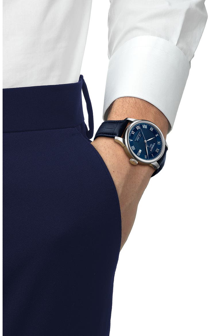 Le Locle Powermatic 80 Leather Strap Watch, 39.3mm, Alternate, color, BLUE