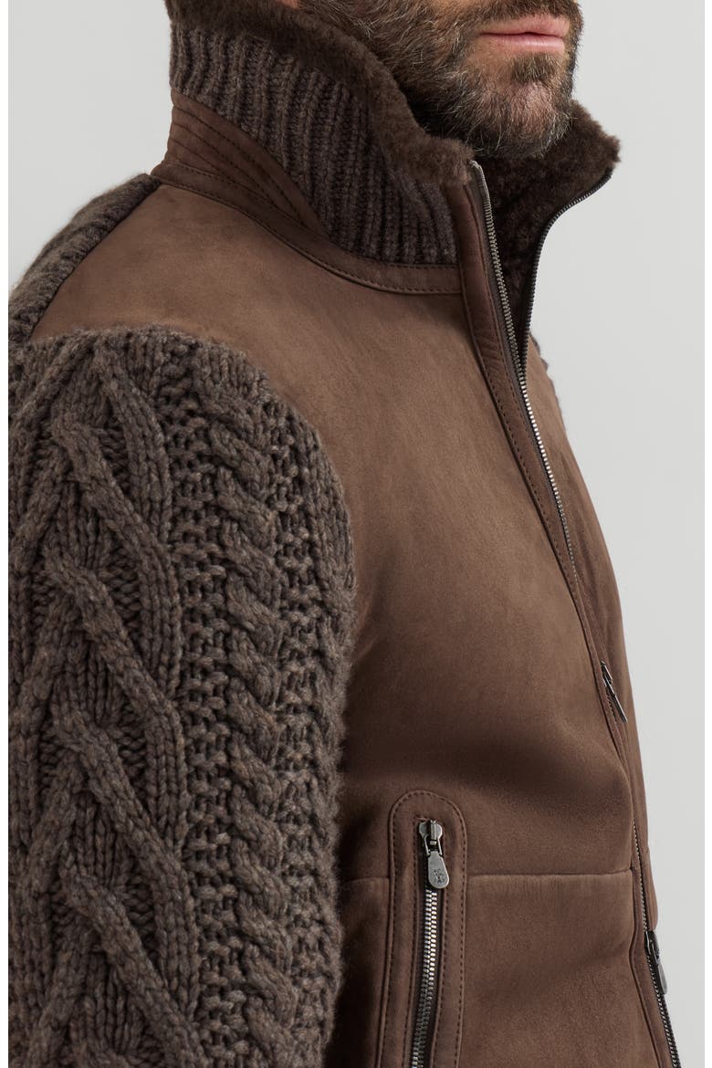 Suede shearling and cashmere knit bomber jacket with Thermore® padding, Alternate, color, Brown