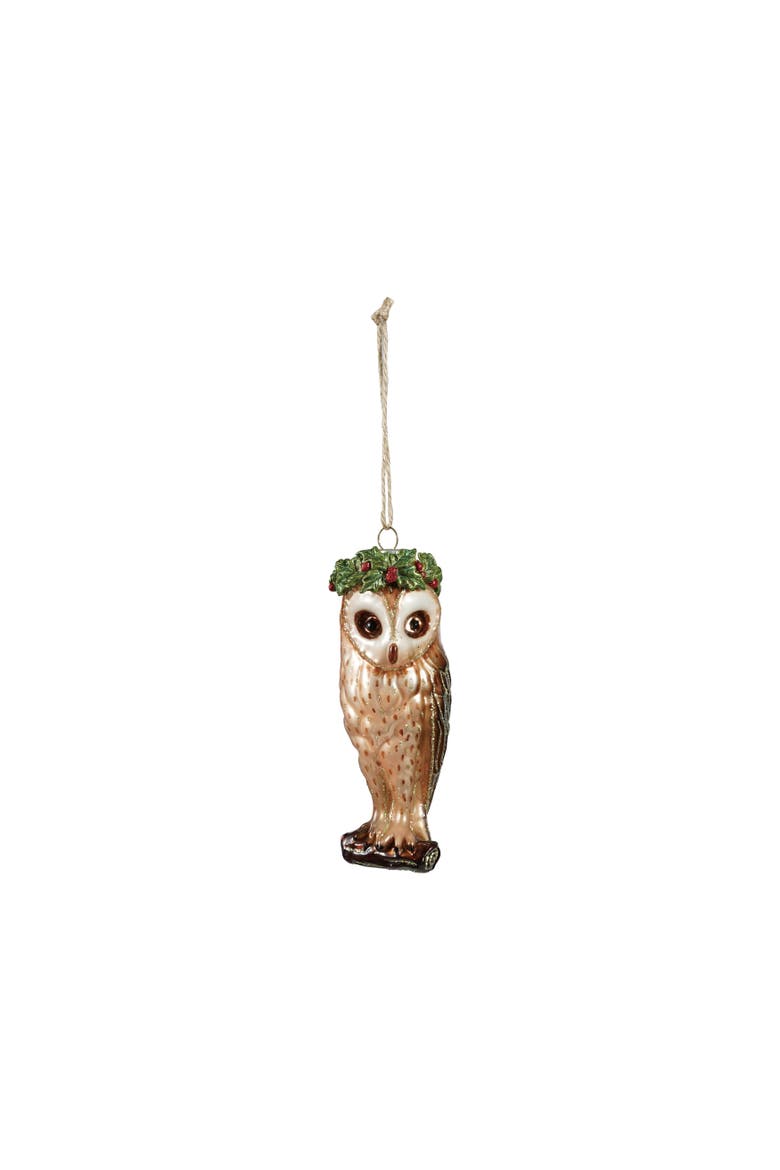 Glass Owl Ornament with Holly Crown and Glitter, Main, color, Multicolor