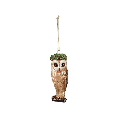 Glass Owl Ornament with Holly Crown and Glitter