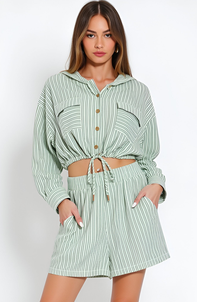 Modenaire Striped Long Sleeve Hoodie Top and High Waisted Shorts Set, Main, color, 