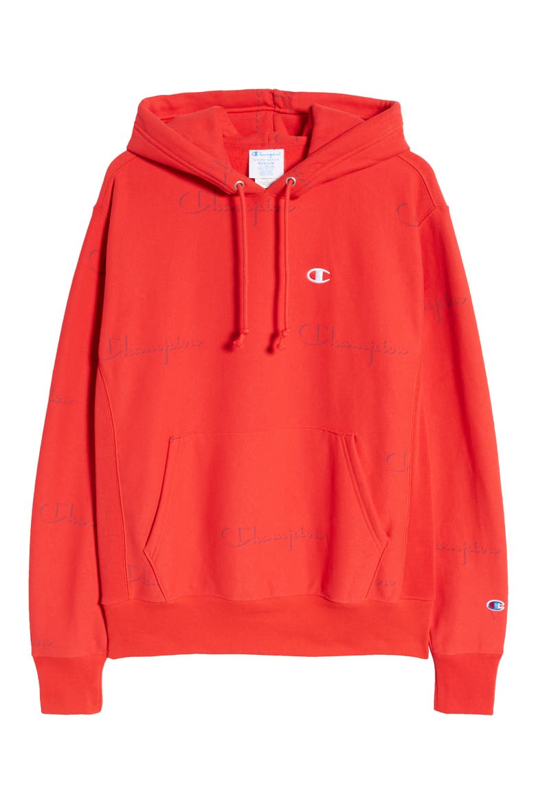 Reverse Weave® All Over Logo Hoodie, Alternate, color, SCRIPT DROP SHADOW SCARLET