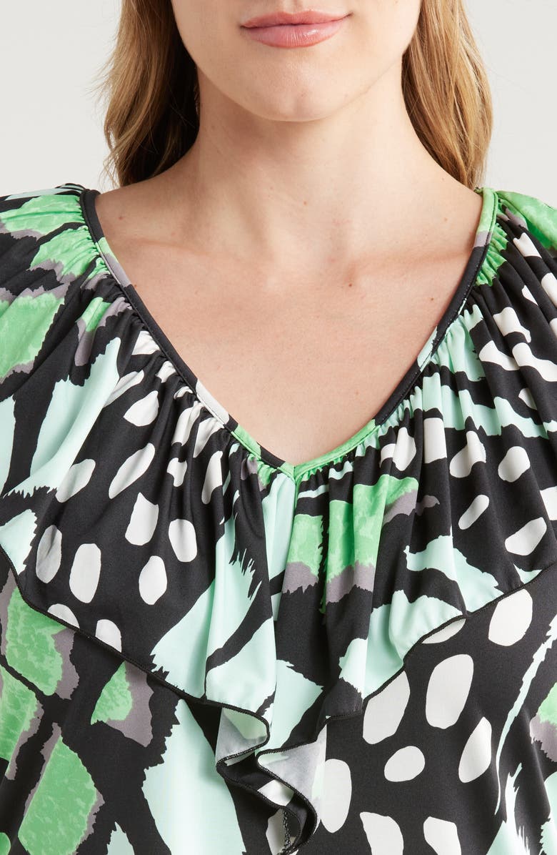 24seven Comfort Apparel Butterfly Print Ruffle Top, Alternate, color, 