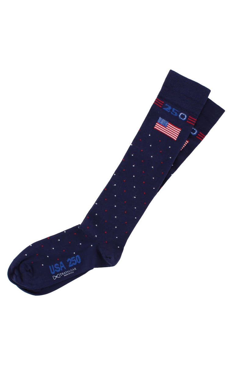 Trafalgar Founders 250 Polka Dot Over The Calf Mercerized Cotton Socks, Alternate, color, Navy Blue With Polka Dots