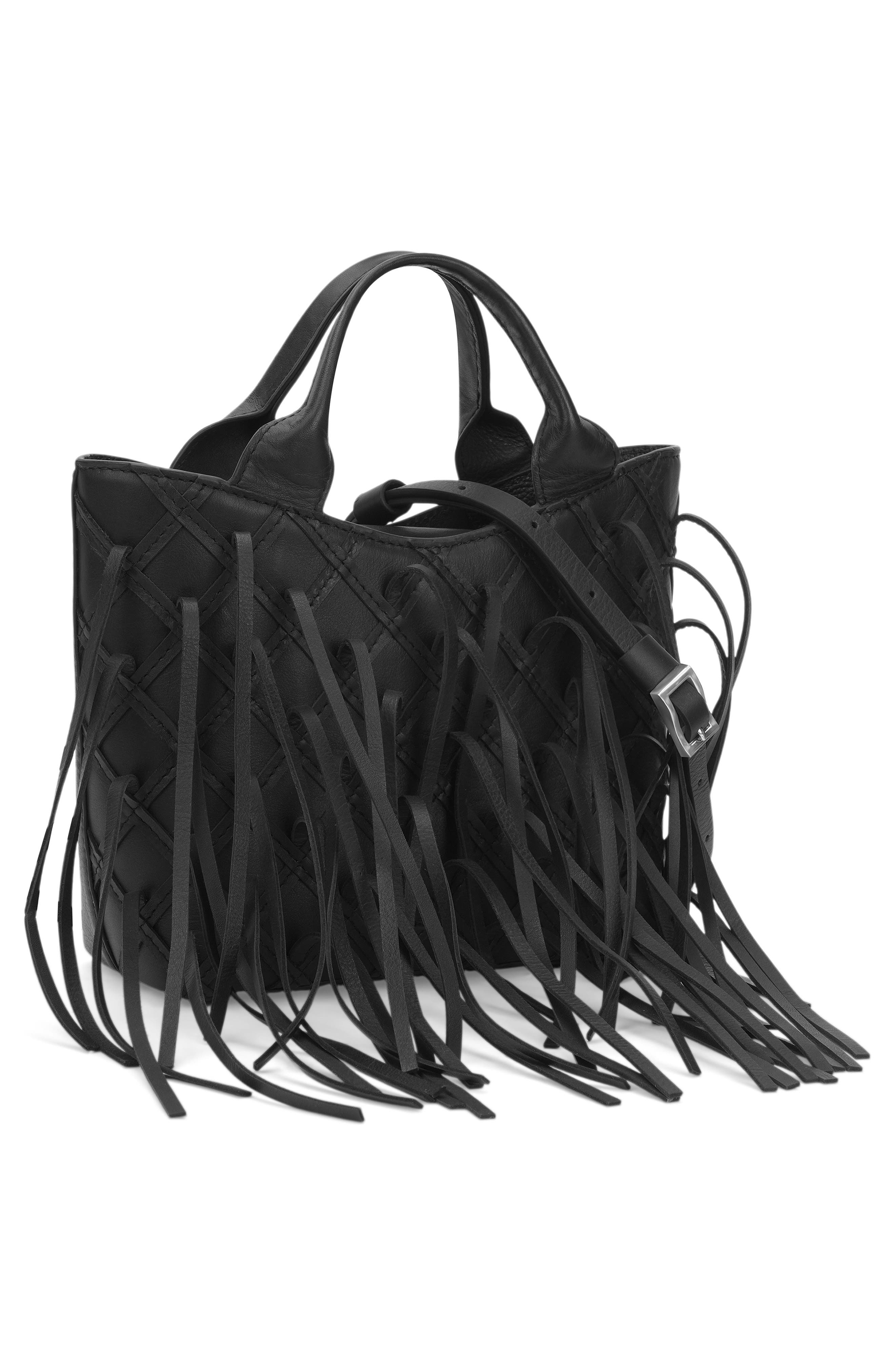Katrina Mini Fringe Leather Tote, Alternate, color, BLACK