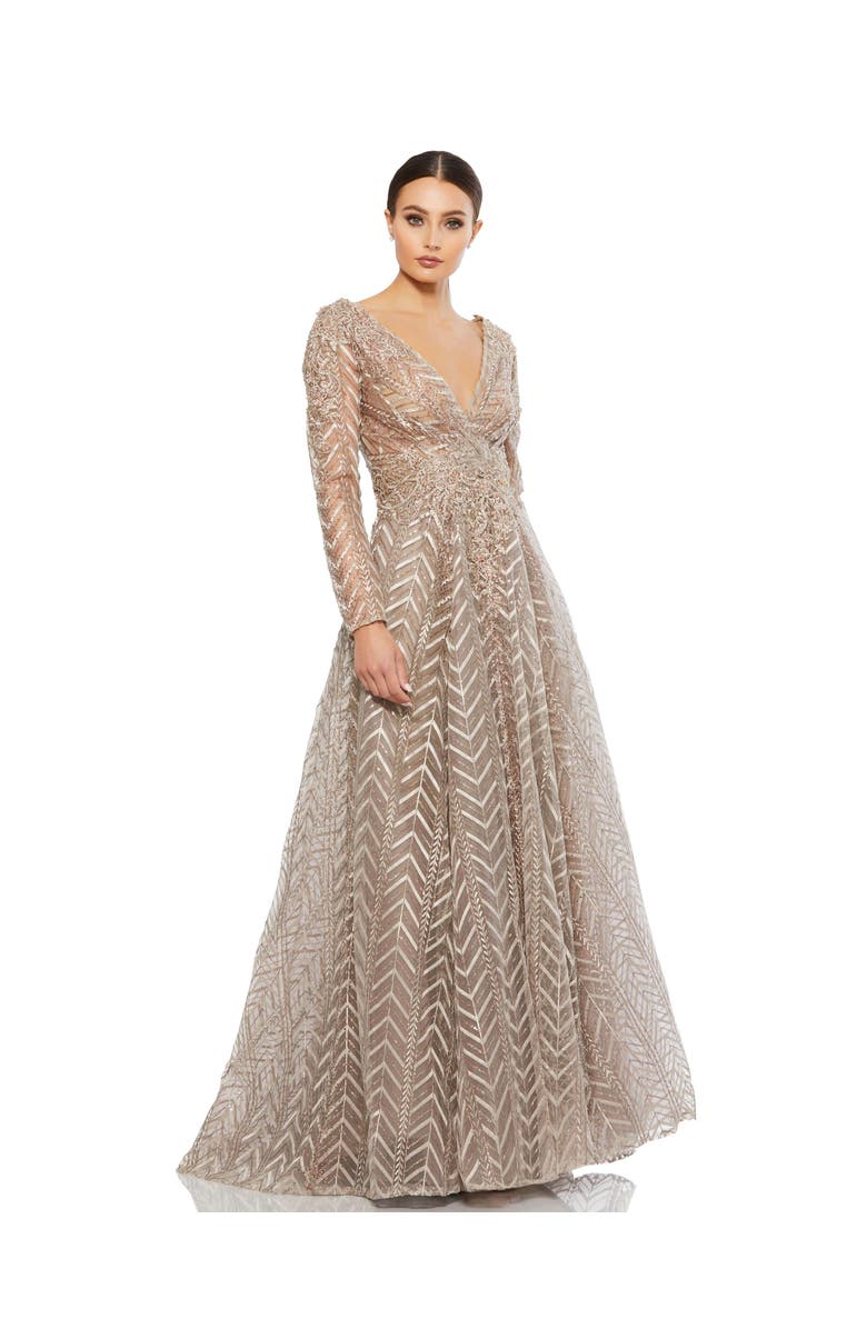 Mac Duggal Embellished Illusion Long Sleeve Wrap Over A Line Gown, Alternate, color, Taupe
