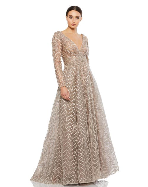 MAC DUGGAL MAC DUGGAL EMBELLISHED ILLUSION LONG SLEEVE WRAP OVER A LINE GOWN