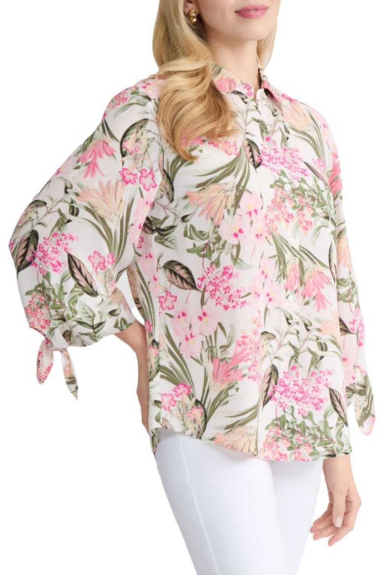 Floral Tie Sleeve Button-Up Shirt, Alternate, color, WHITE SAND MULTI