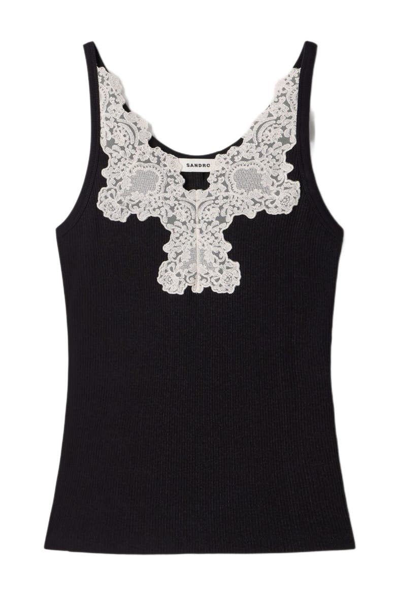 Ribbed vest top with lace, Alternate, color, Black