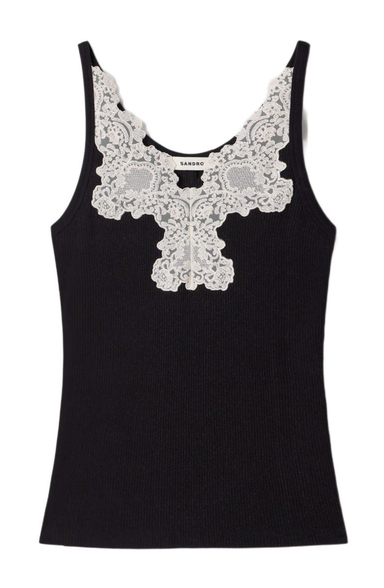 SANDRO Ribbed vest top with lace, Alternate, color, Black