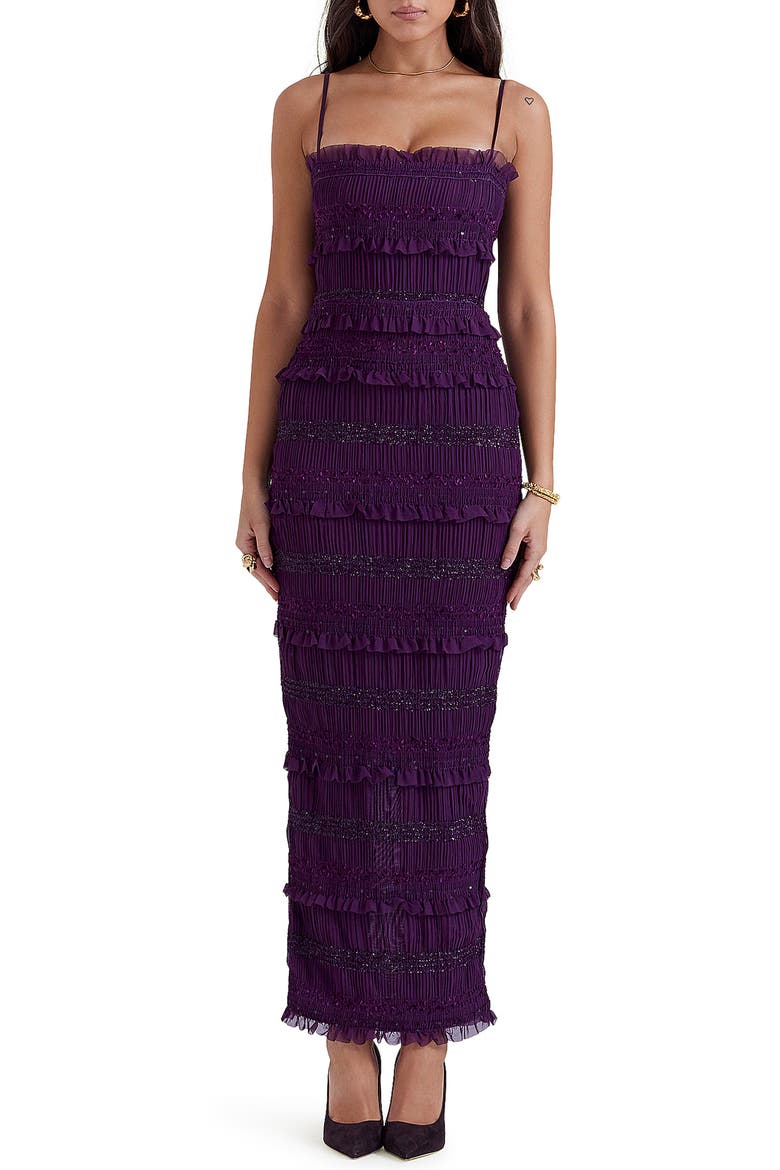 Solana Pleated Ruffle Sequin Body-Con Dress, Main, color, DARK PURPLE