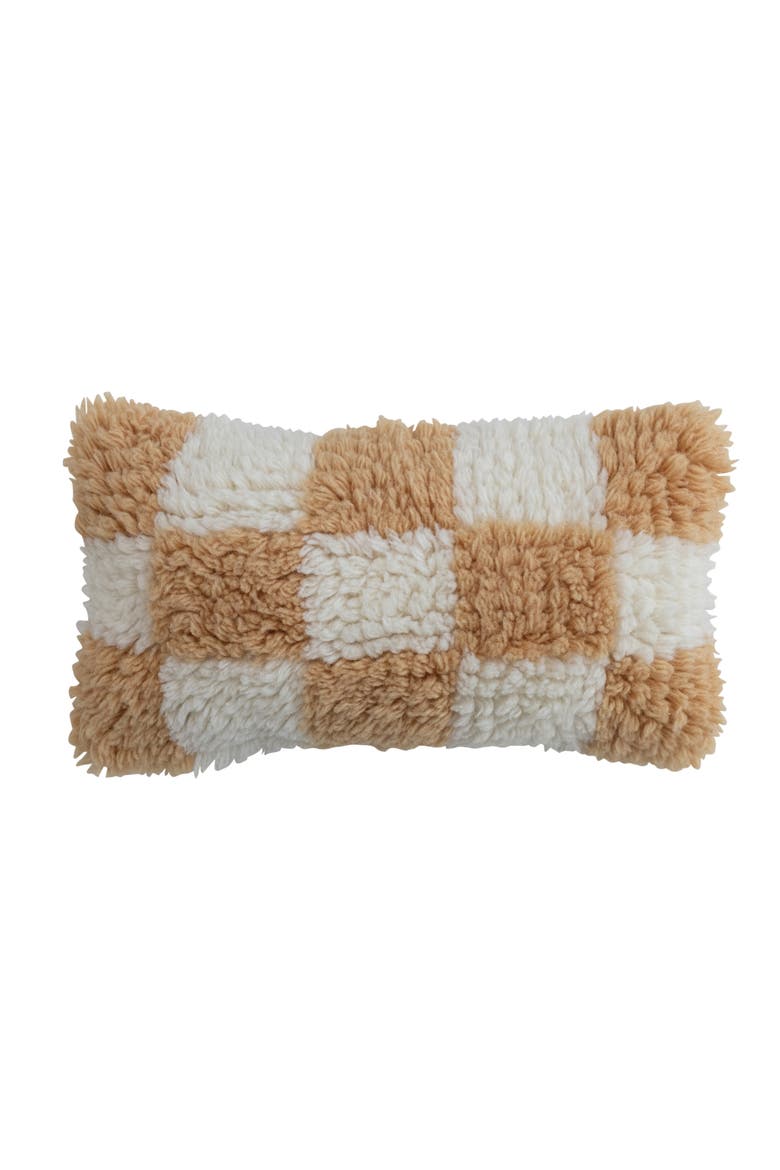Hand-Woven New Zealand Wool and Cotton Shag Lumbar Pillow with Cotton Back, Cream and Tan, Main, color, Multicolor