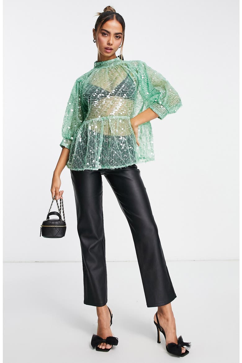 Sequin Mesh Peplum Top, Alternate, color, LIGHT GREEN