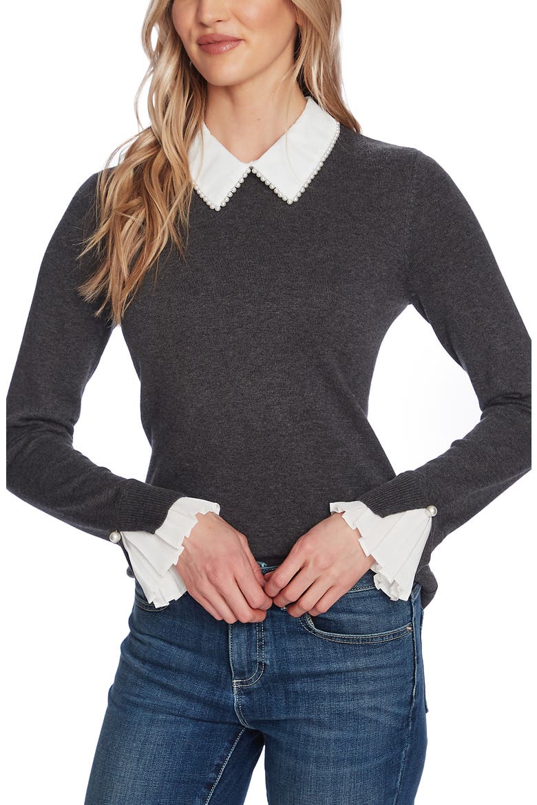 Imitation Pearl Peter Pan Collar Cotton Sweater, Main, color, HEATHER GREY