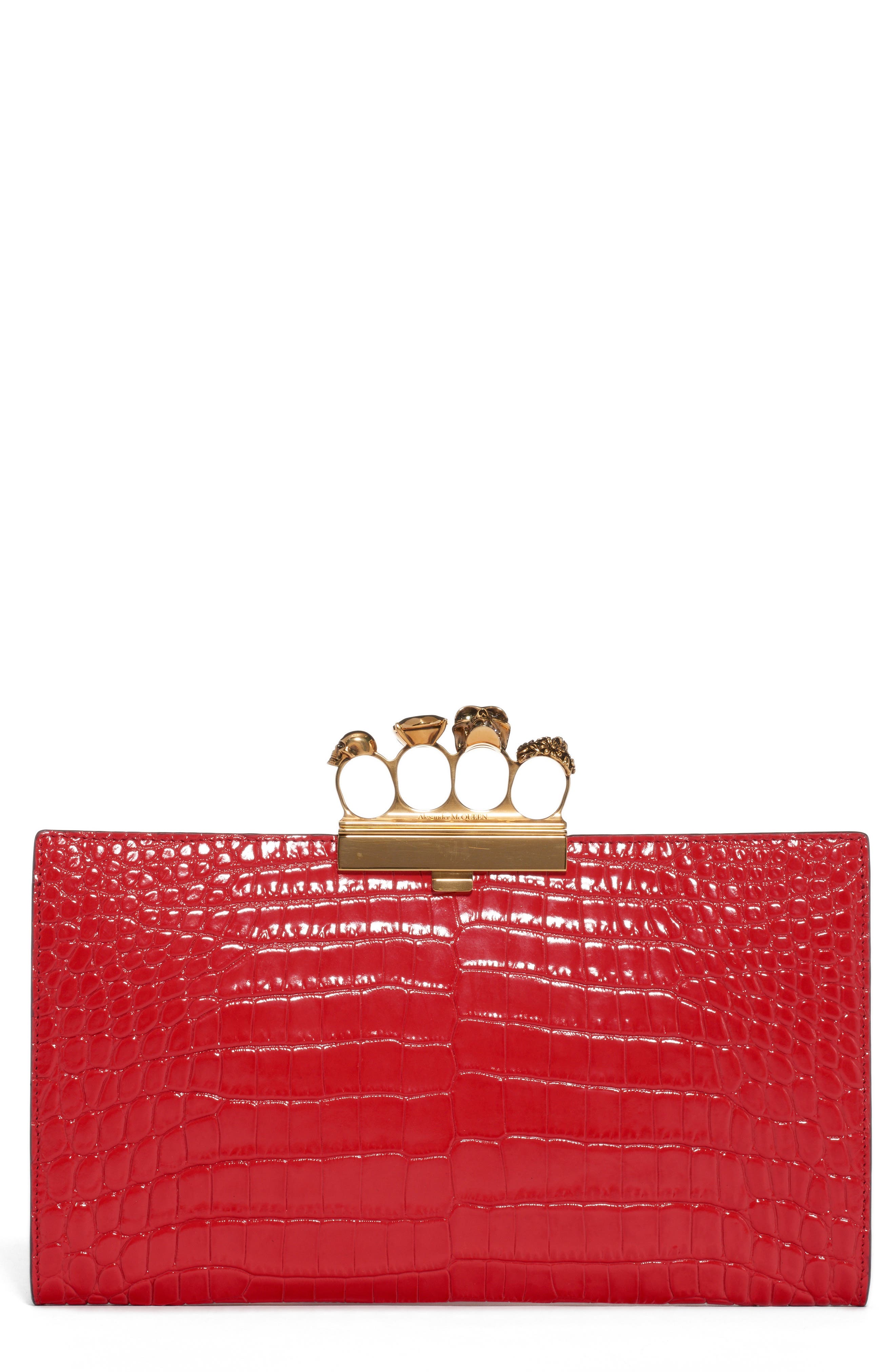 Alexander McQueen Four-Ring Knuckle Clasp Croc Embossed Leather Clutch, Main, color, DEEP RED