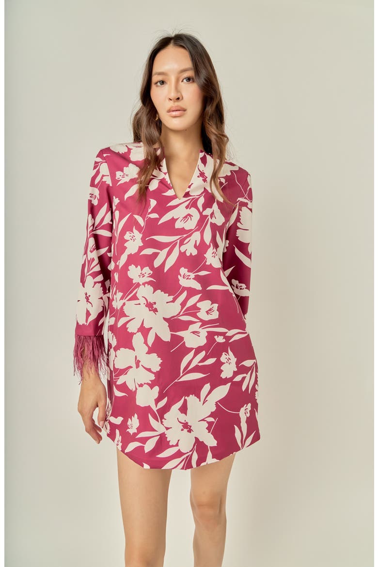 Feather Trim Minidress, Alternate, color, BURGUNDY MULTI