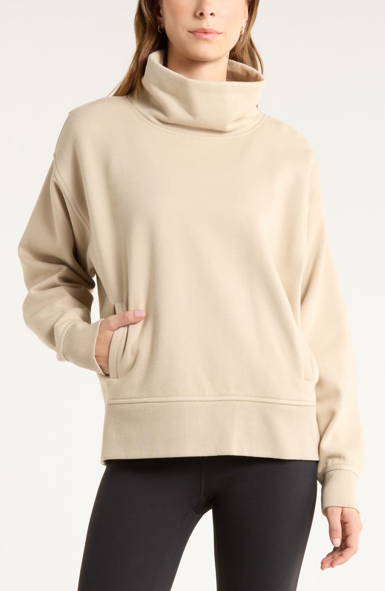 Zella Ultracozy Fleece Funnel Neck Top, Main, color, Tan Oxford