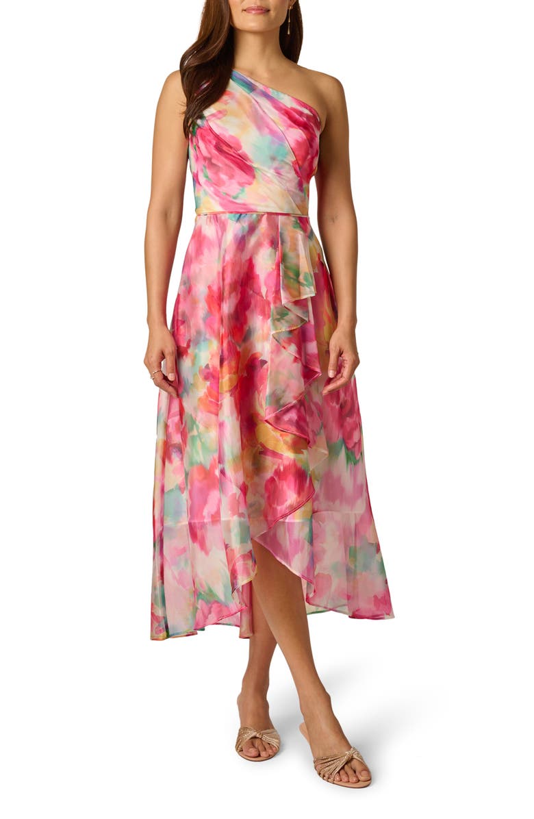 Adrianna Papell Floral Print One-Shoulder High/Low Cocktail Dress, Main, color, Ivory Multi