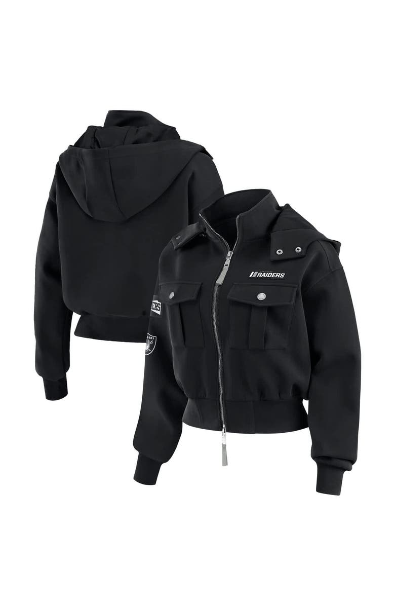 WEAR by Erin Andrews Women's WEAR by Erin Andrews  Black Las Vegas Raiders Patch Pocket Cropped Full-Zip Bomber Jacket, Main, color, Black