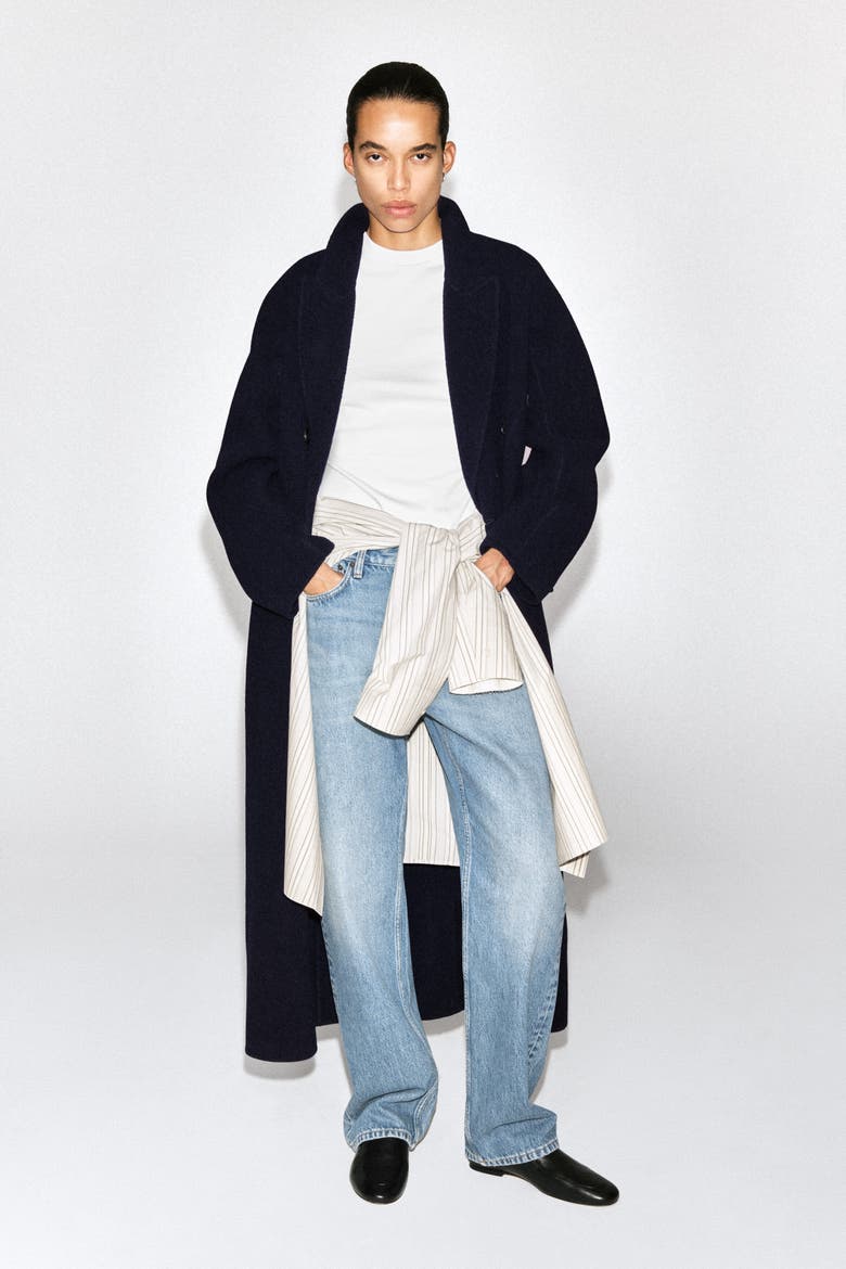 Tailored Double-Faced Wool Long Coat, Alternate, color, NAVY