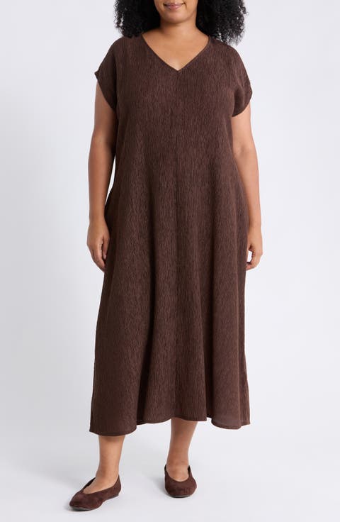 V-Neck Cap Sleeve Crinkle Dress
