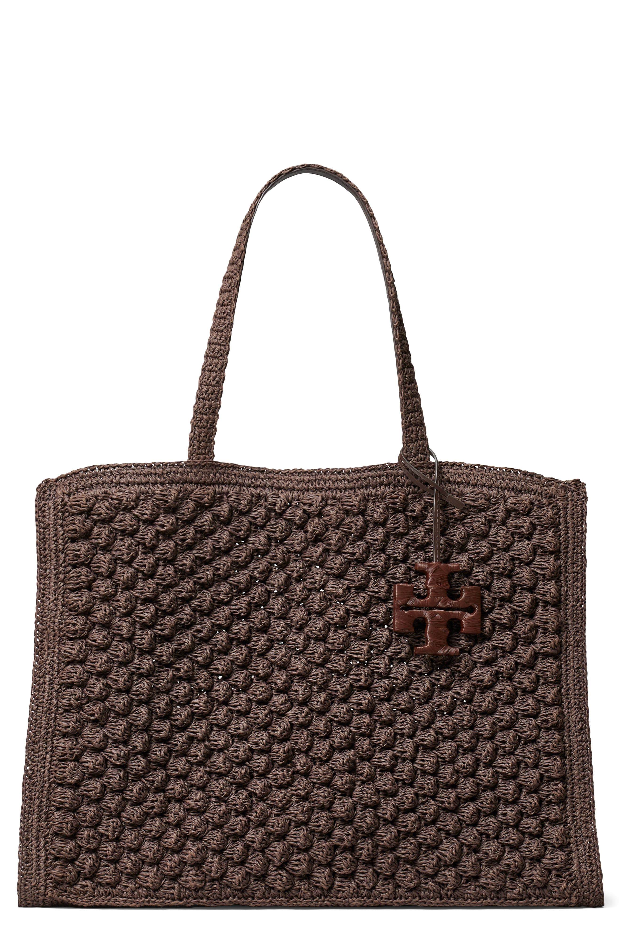 Tory Burch Ella Hand Crochet Straw Bag, Main, color, Dark Cocoa