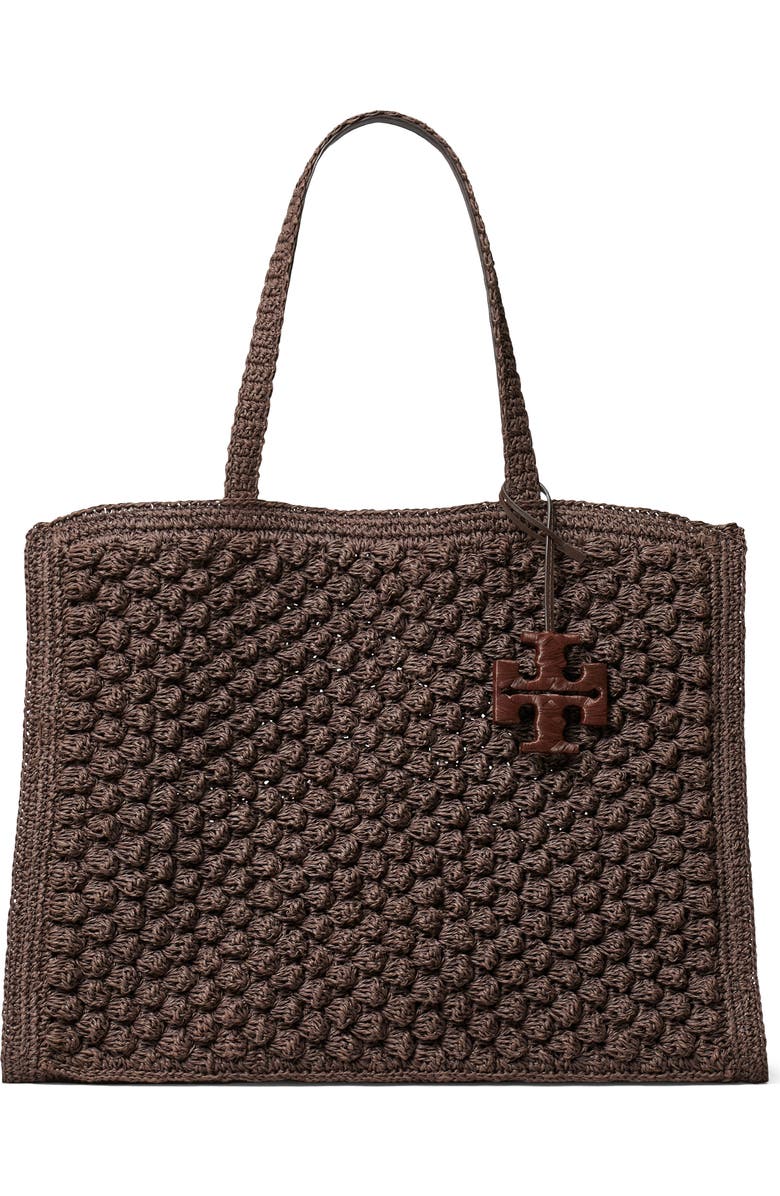 Tory Burch Ella Hand Crochet Straw Bag, Main, color, Dark Cocoa