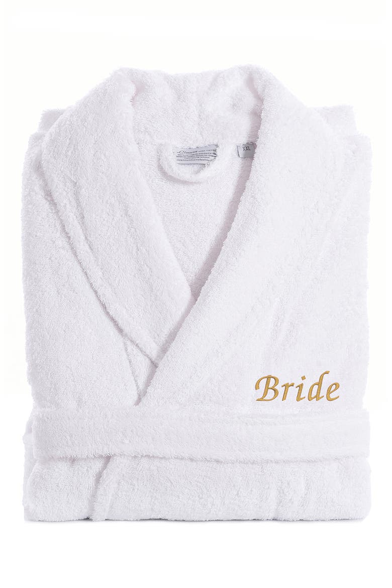 Gold Embroidered 'Bride' Terry Bathrobe, Main, color, WHITE
