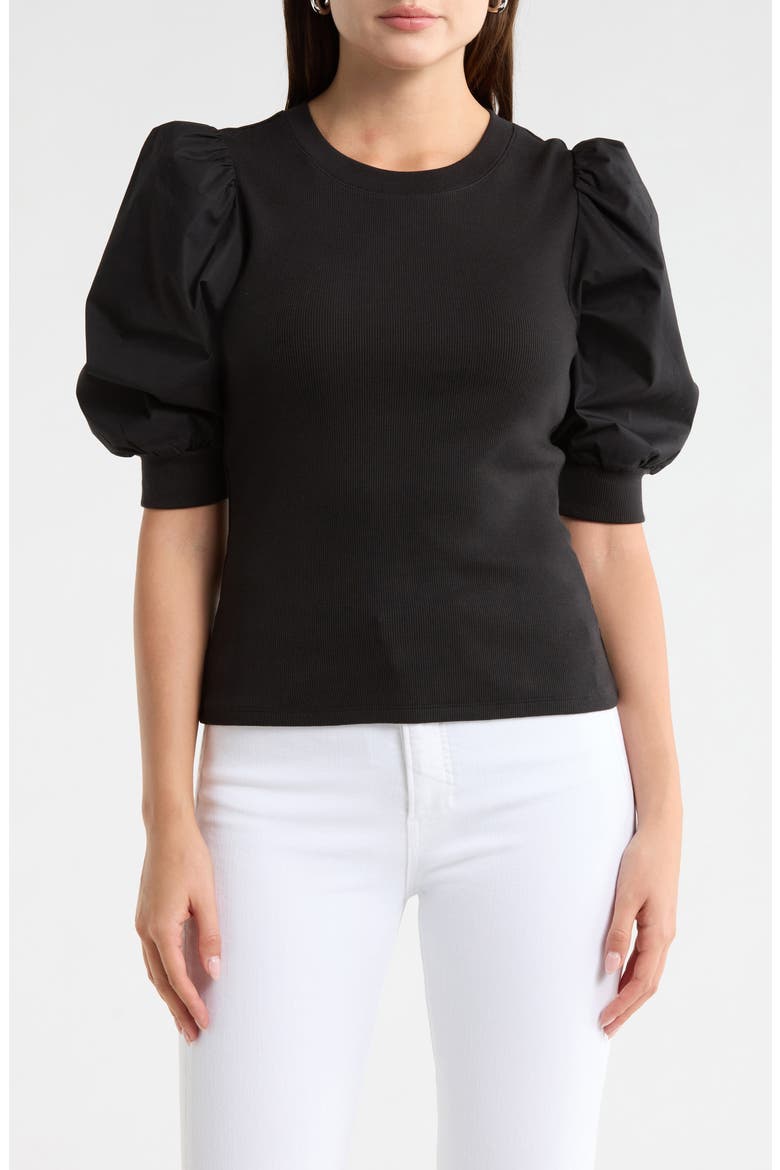 Coralee Puff Shoulder Rib & Stretch Poplin Top, Main, color, BLACK