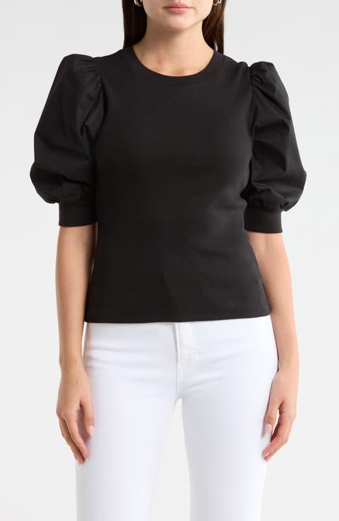 Coralee Puff Shoulder Rib & Stretch Poplin Top