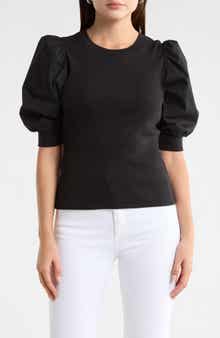 Coralee Puff Shoulder Rib & Stretch Poplin Top