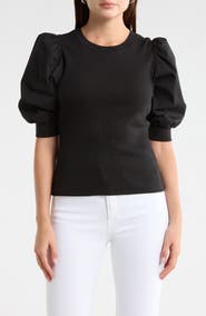 Veronica Beard Coralee Puff Shoulder Rib & Stretch Poplin Top