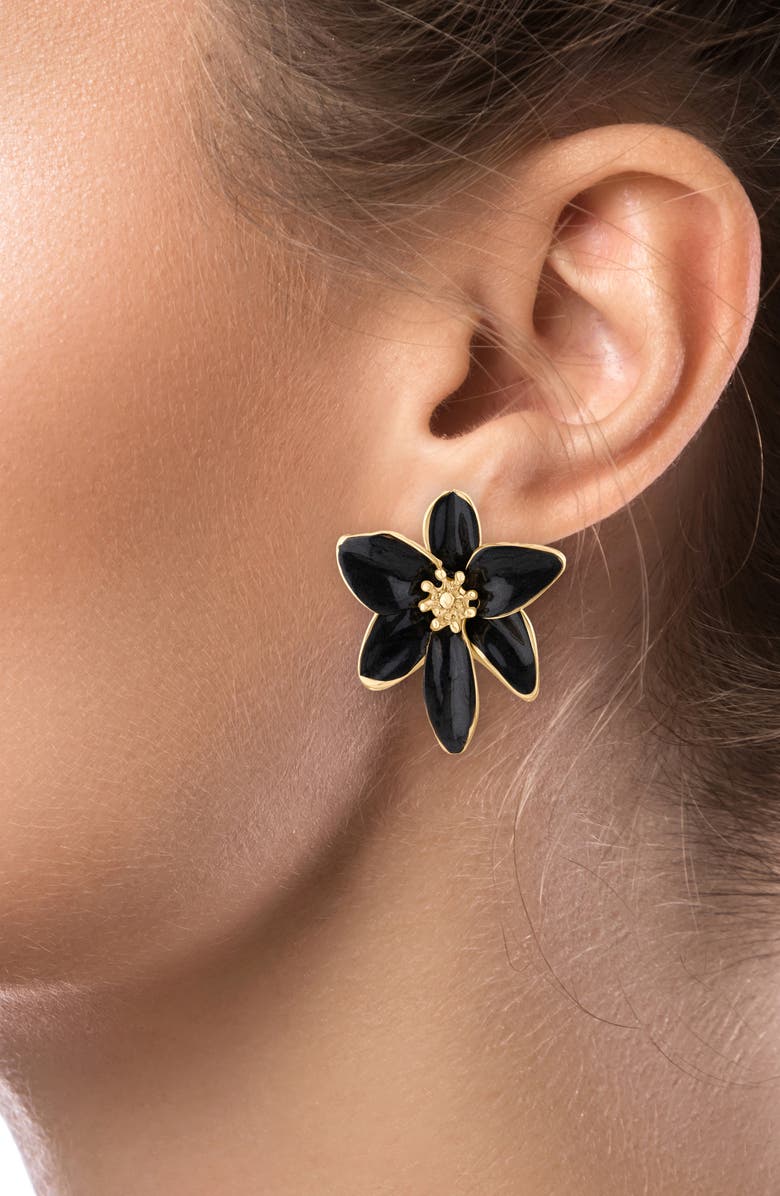 JARDIN Iris Floral Enamel Statement Earrings, Alternate, color, Black/ Gold